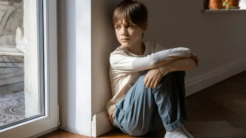 پسر بچه ای تنها و افسرده از عوارض استرس کودکان است.